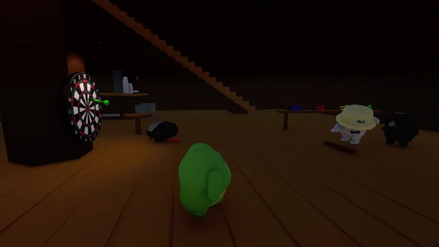 Animal characters play darts inside a wooden cabin in Sledding Game.