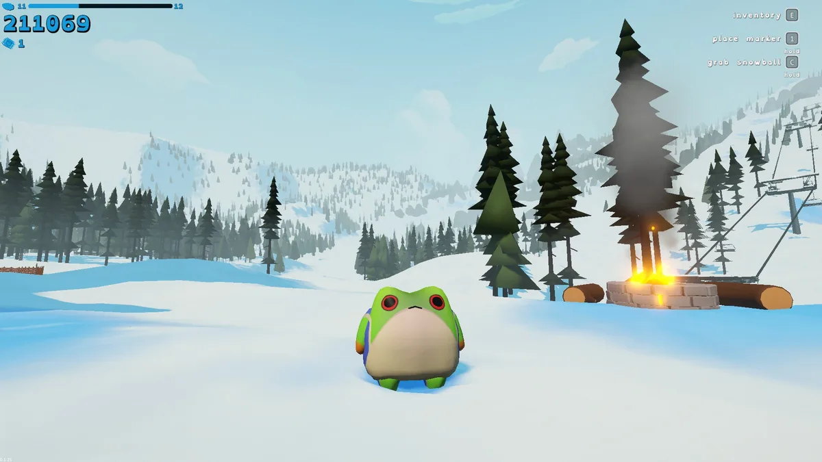 A green Tree Frog with red eye rings and blue-orange side markings standing near a snowy campfire.