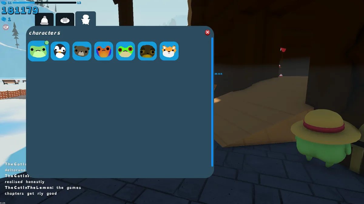 The character inventory with starter frog, penguin, bear, orange Poison Dart Frog, green Tree Frog and other variants.