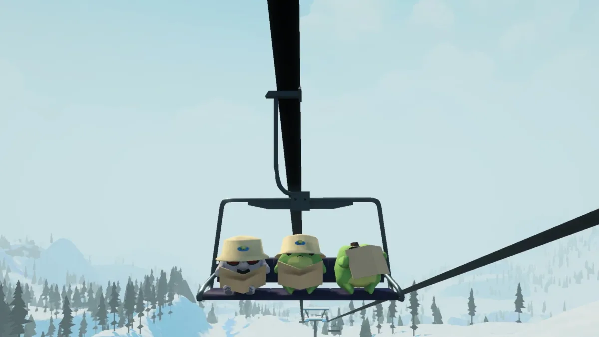 Sledding Game animal characters wearing different hats while riding a chairlift.