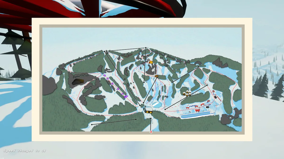 Game map with the author’s red position triangle at the southern lift endpoint.