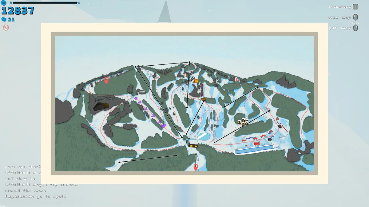 Game map showing the author’s position on the northeastern ridge and pins at the earlier target areas.