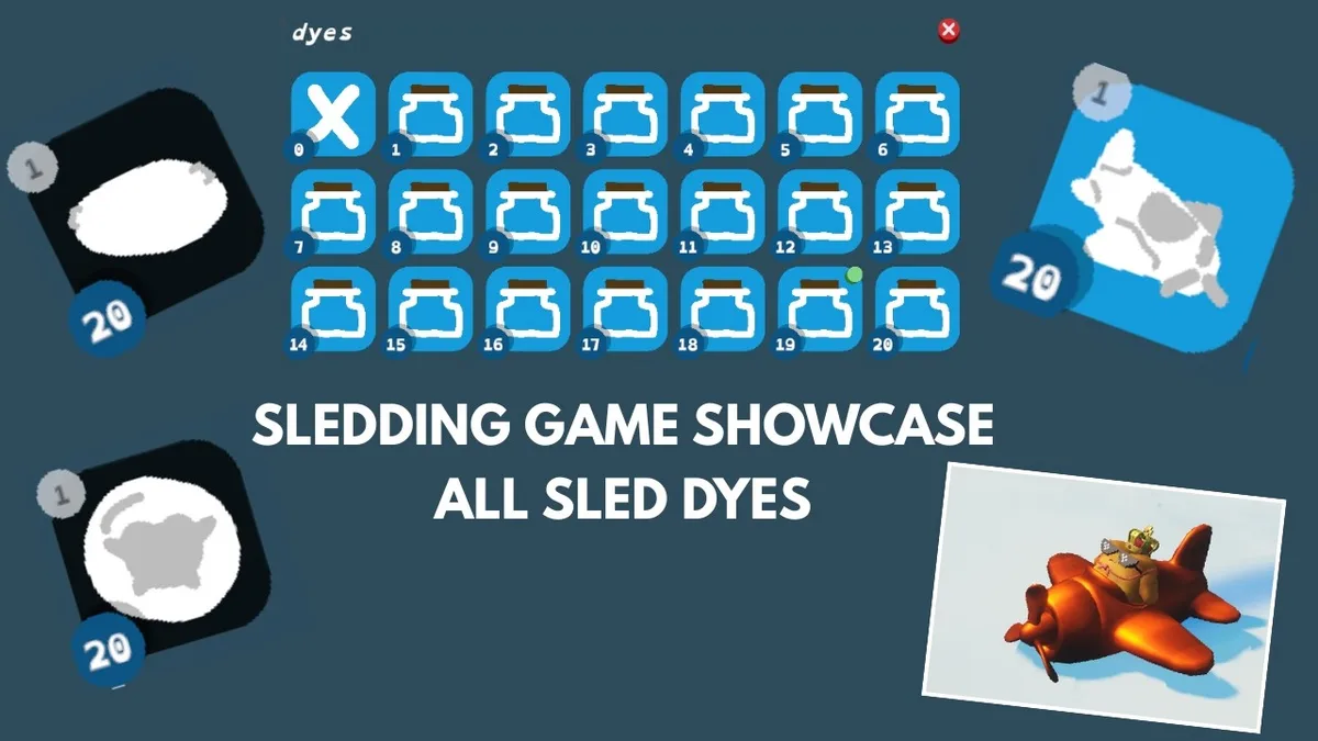 The original dye showcase cover displaying a Dyes panel with choices 0 through 20 and several sled shapes.