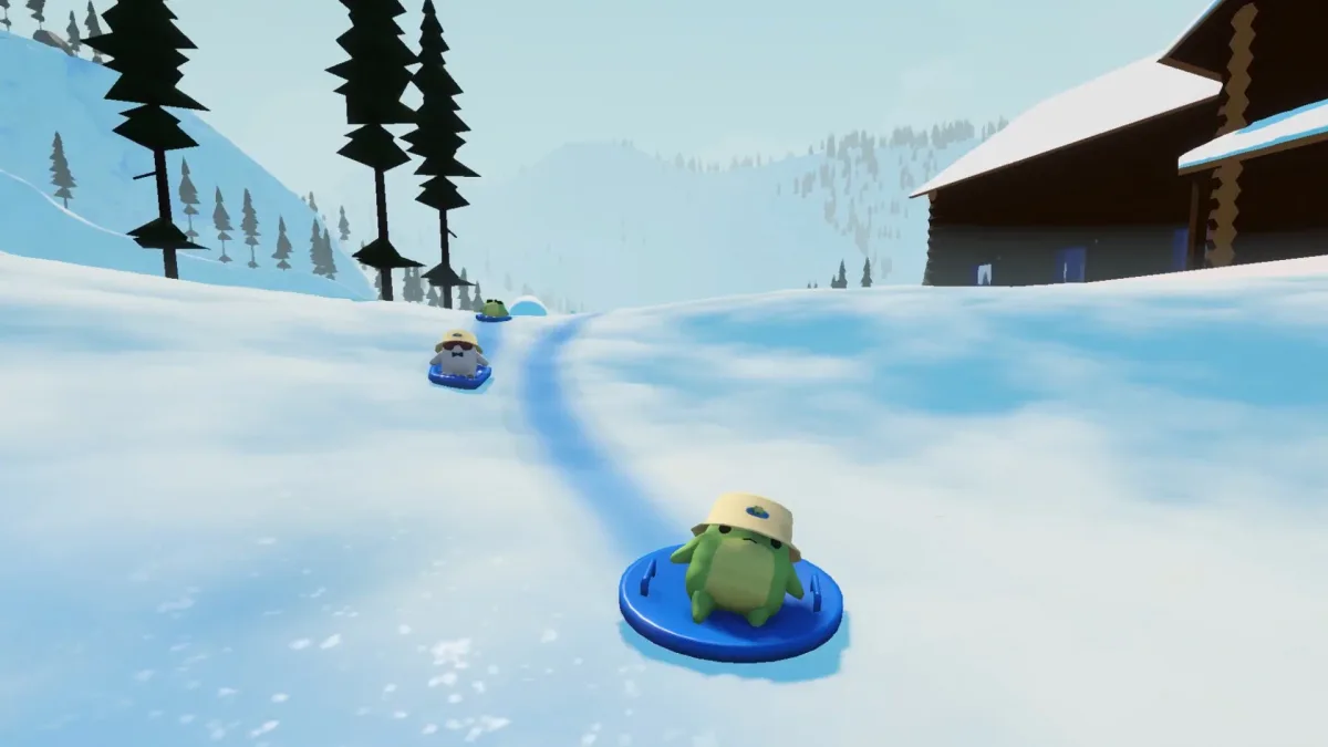 Animal friends travelling downhill on different sled shapes in the official Sledding Game promotional scene.