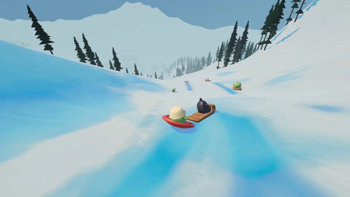 Sledding Game sledders descending a snowy valley between trees.