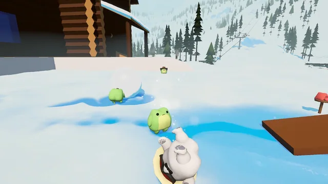 A frog and a tumbling animal play beside snowballs outside the cabin in Sledding Game.