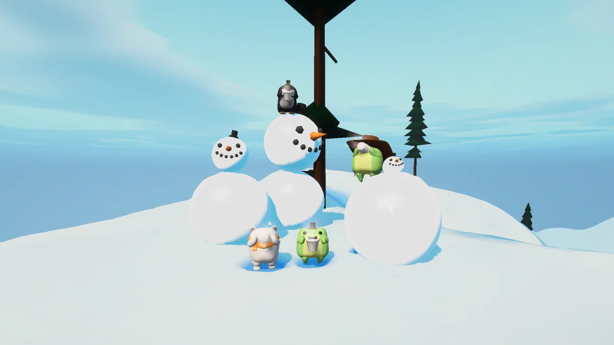 Animal friends with mugs gather beside large snowmen in Sledding Game.